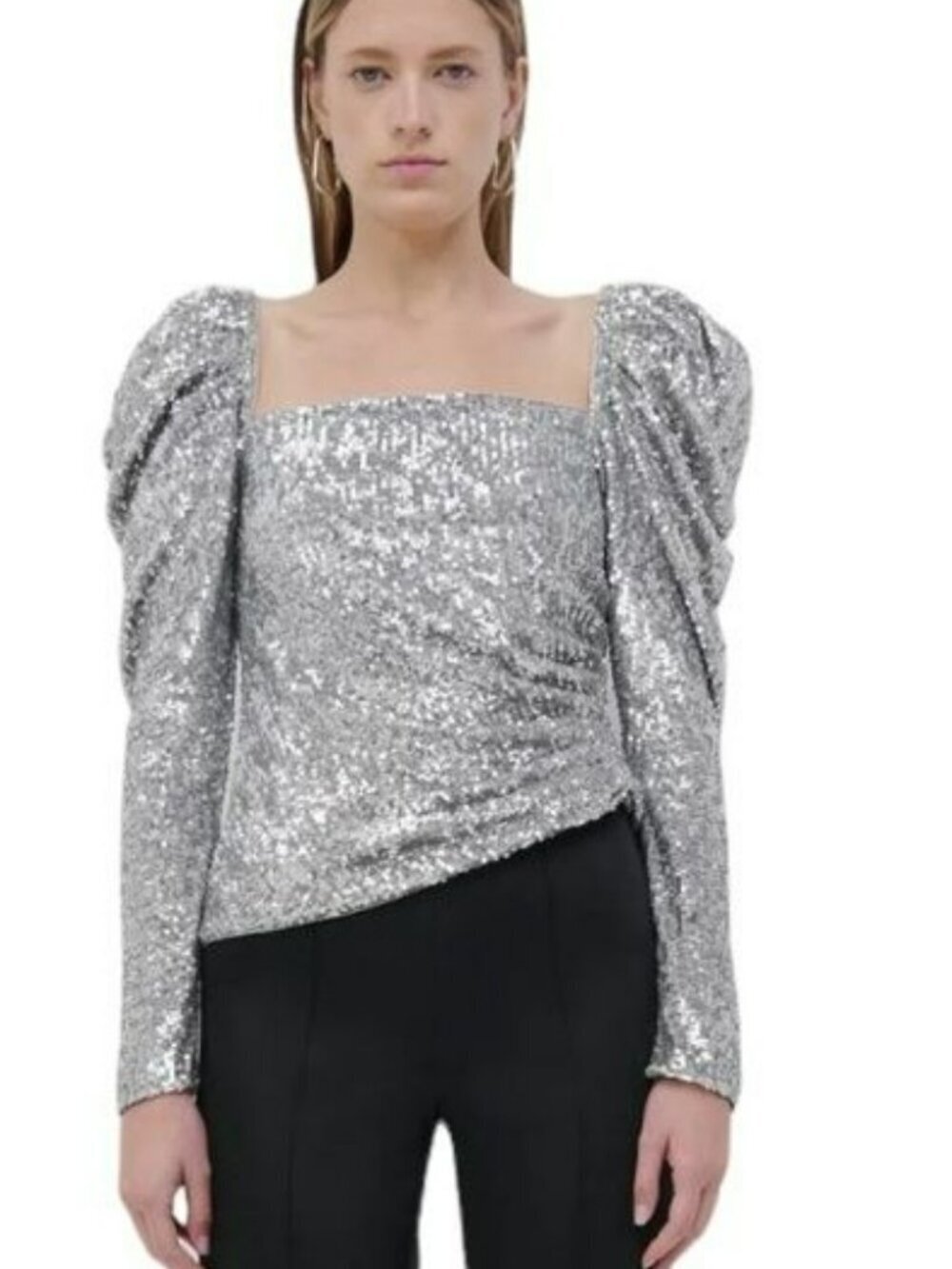 Jonathan Simkhai Allura Silver Sequins Square Neck Puff Sleeve Top Sz 6 Small